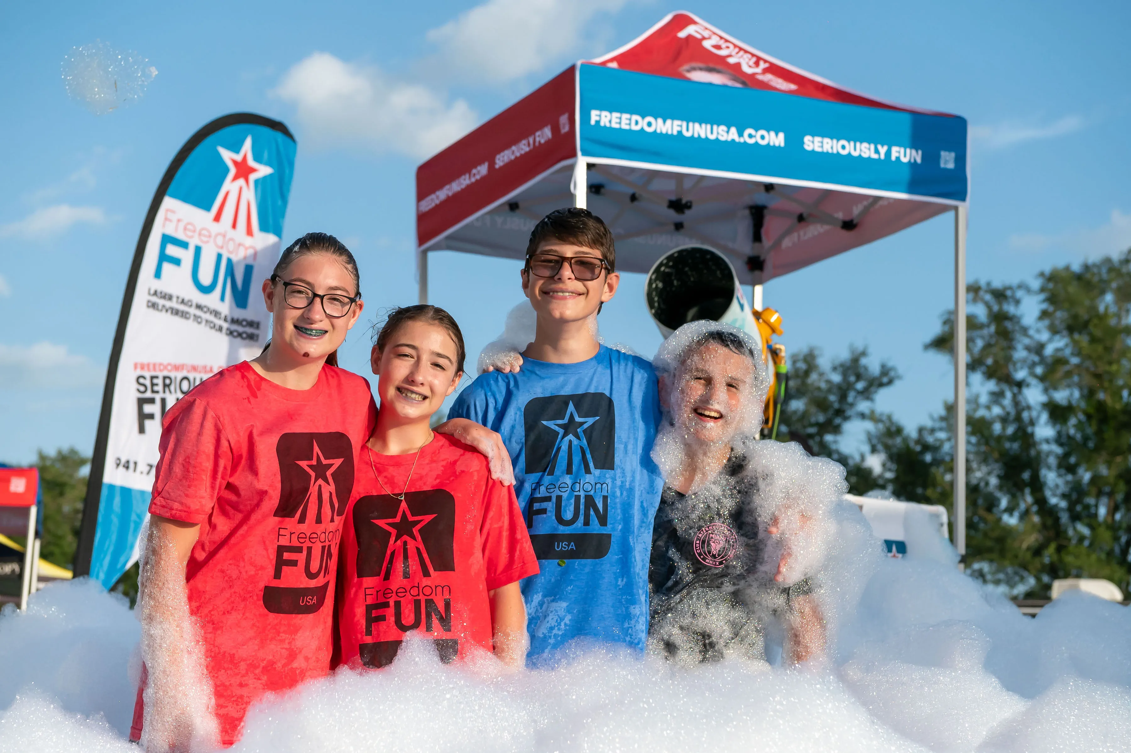 Kids in Freedom Fun shirts at a hosted foam party in Winston-Salem NC