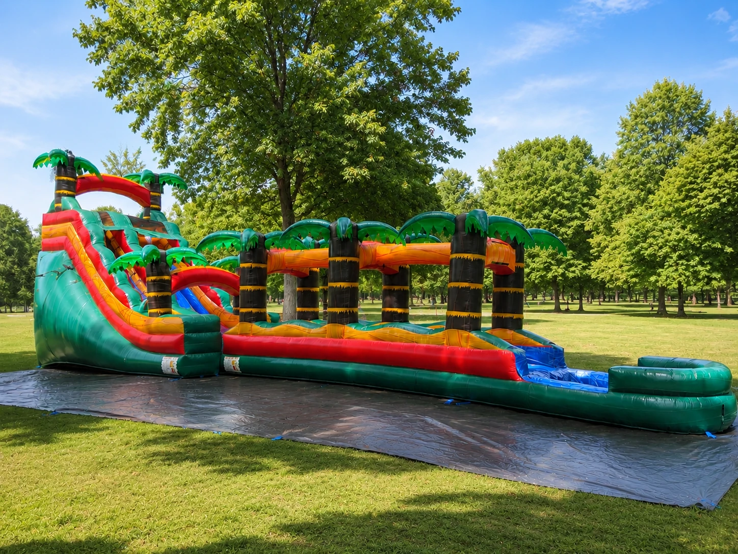 Paradise Falls Ultimate tropical waterslide and slip-n-slide rental setup in a beautiful park, Winston-Salem NC