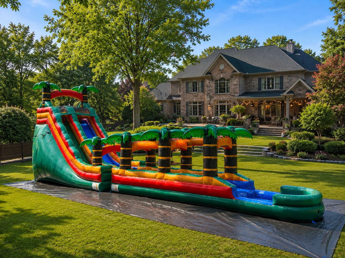 67 ft tropical waterslide and slip-n-slide rental at upscale Winston-Salem NC home party
