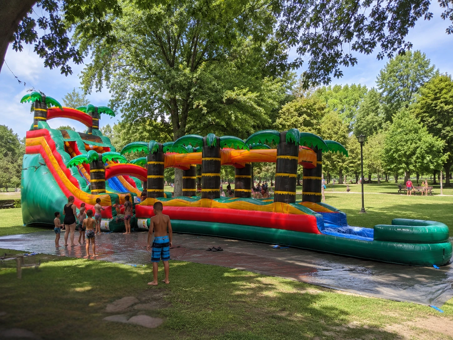 Kids enjoying Paradise Falls tropical waterslide and slip-n-slide rental at backyard birthday party