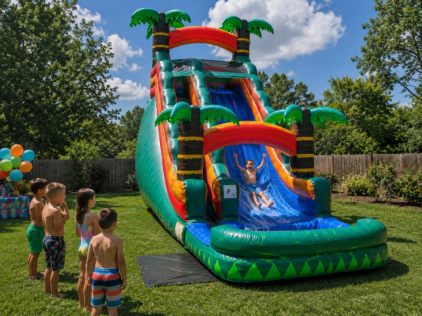 Kids enjoying Paradise Falls tropical waterslide rental at backyard birthday party in NC