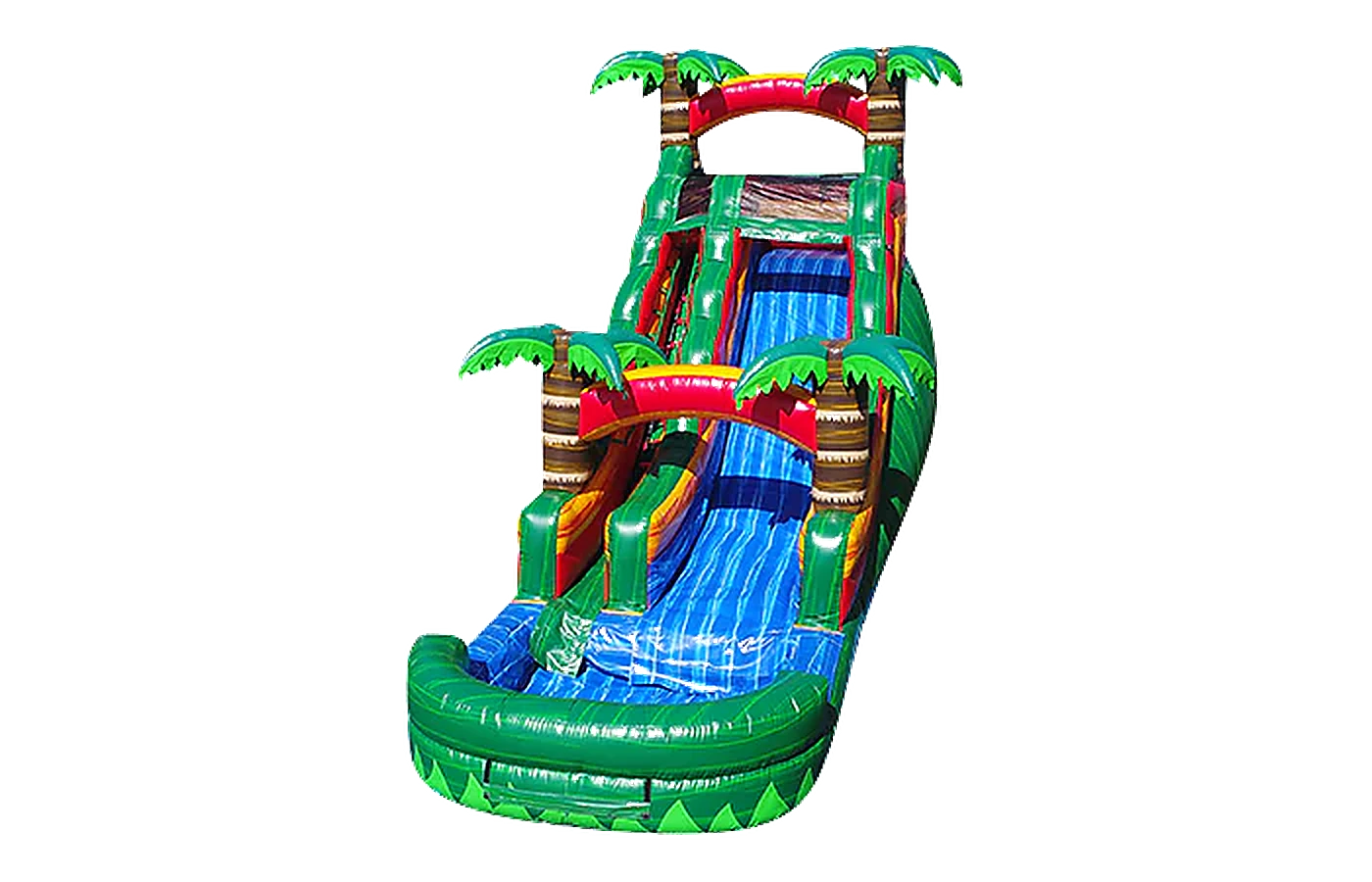 18 ft Paradise Falls tropical waterslide with palm trees and splash pool, NC rental