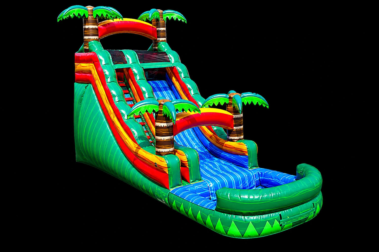 Paradise Falls 18 ft tropical waterslide rental, palm tree theme with splash pool
