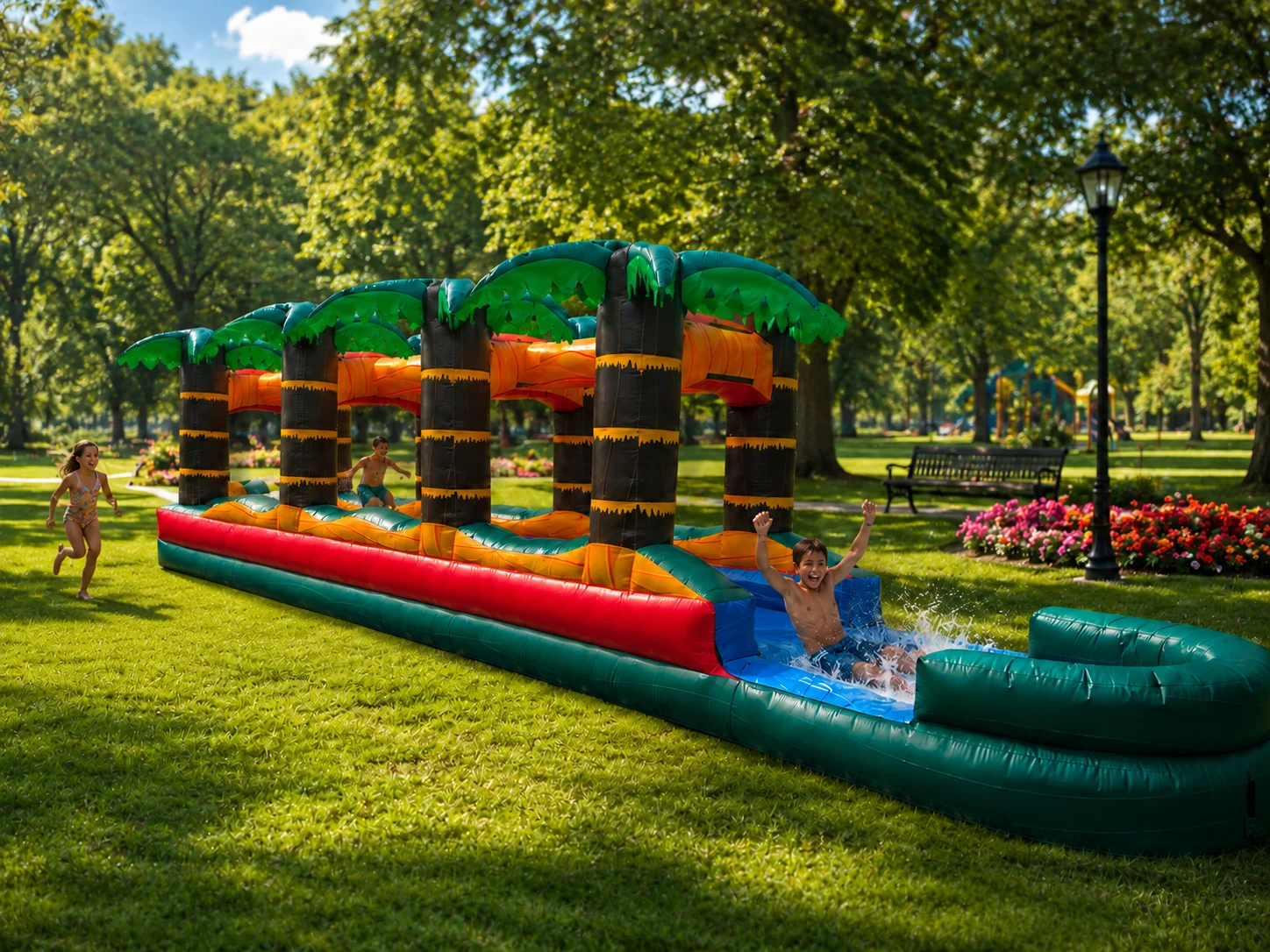 Kids enjoying Paradise Rapids tropical slip-n-slide rental at park event in NC