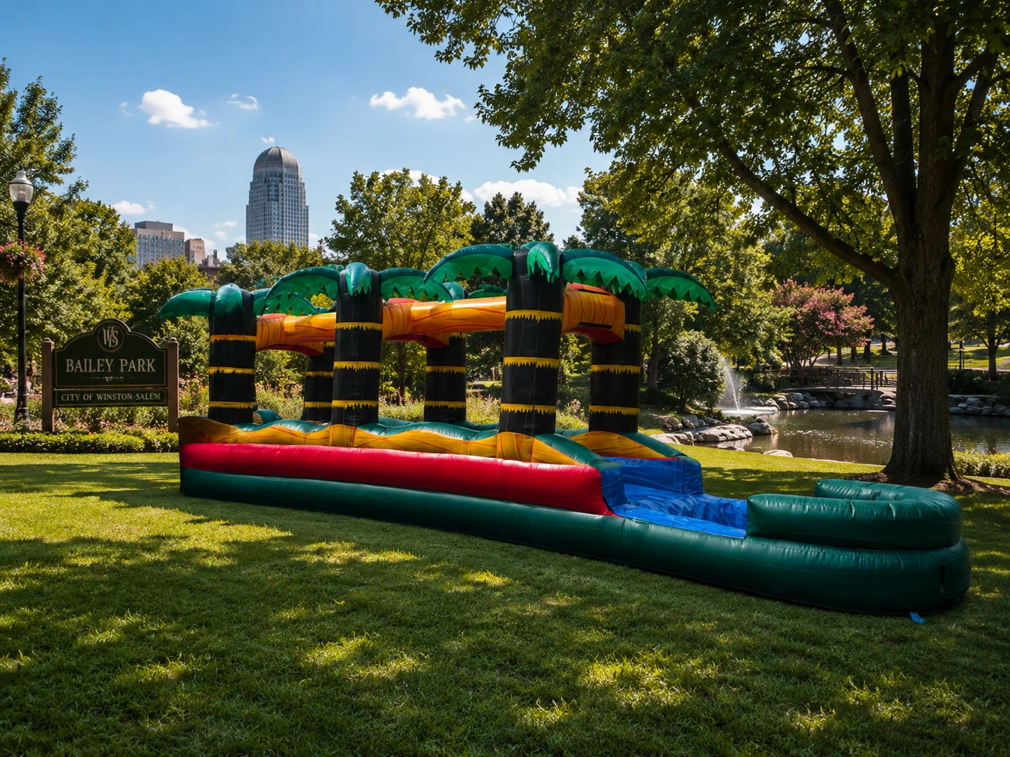 36 ft Paradise Rapids tropical slip-n-slide rental at Bailey Park Winston-Salem NC