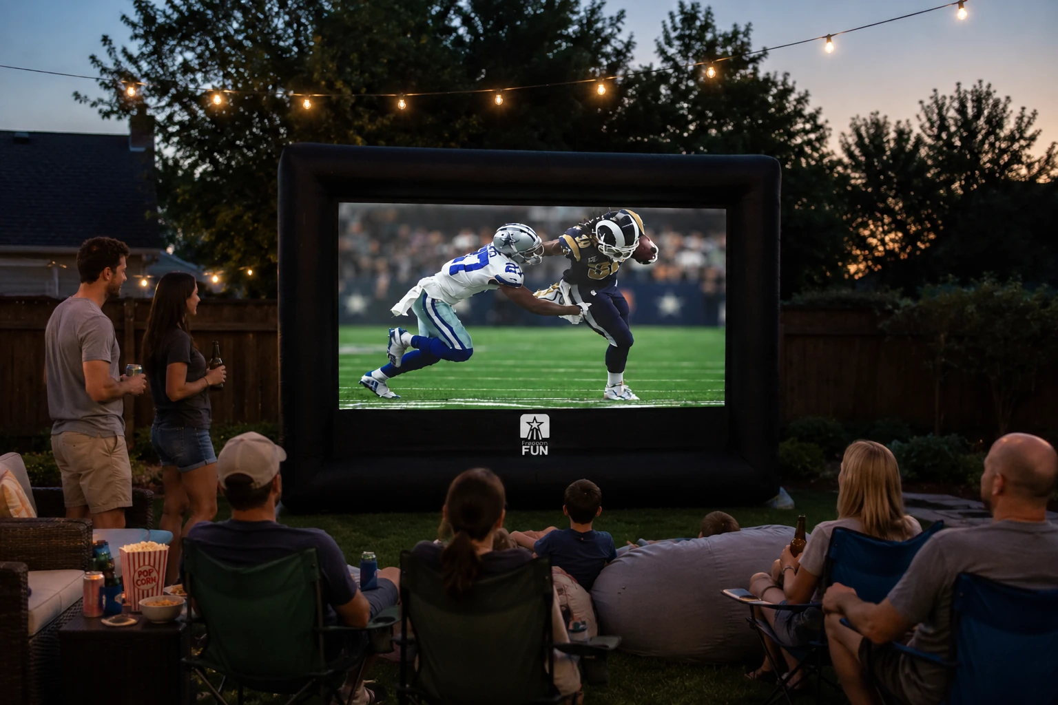 Backyard outdoor movie screen rental for a football watch party with friends enjoying NFL game day on a giant inflatable screen