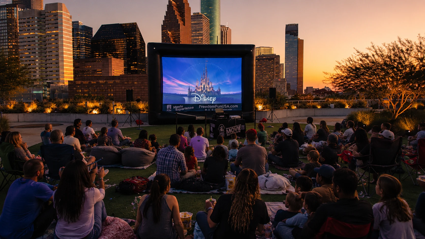This is our gold series inflatable movie screen rental package. Perfect for backyard movie parties, community movie nights, school events & church parties.
