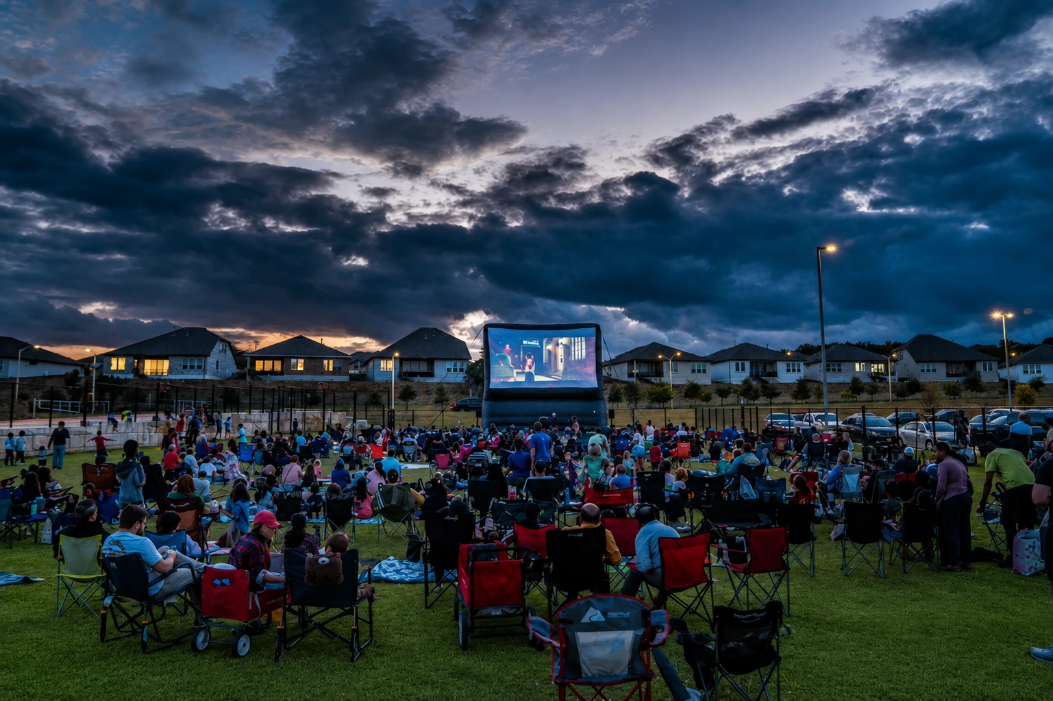 HOA neighborhood event Giant outdoor movie screen rental at neighborhood community event with large crowd on lawn chairs and blankets under dramatic storm clouds at dusk with Freedom Fun USA Skyline screen