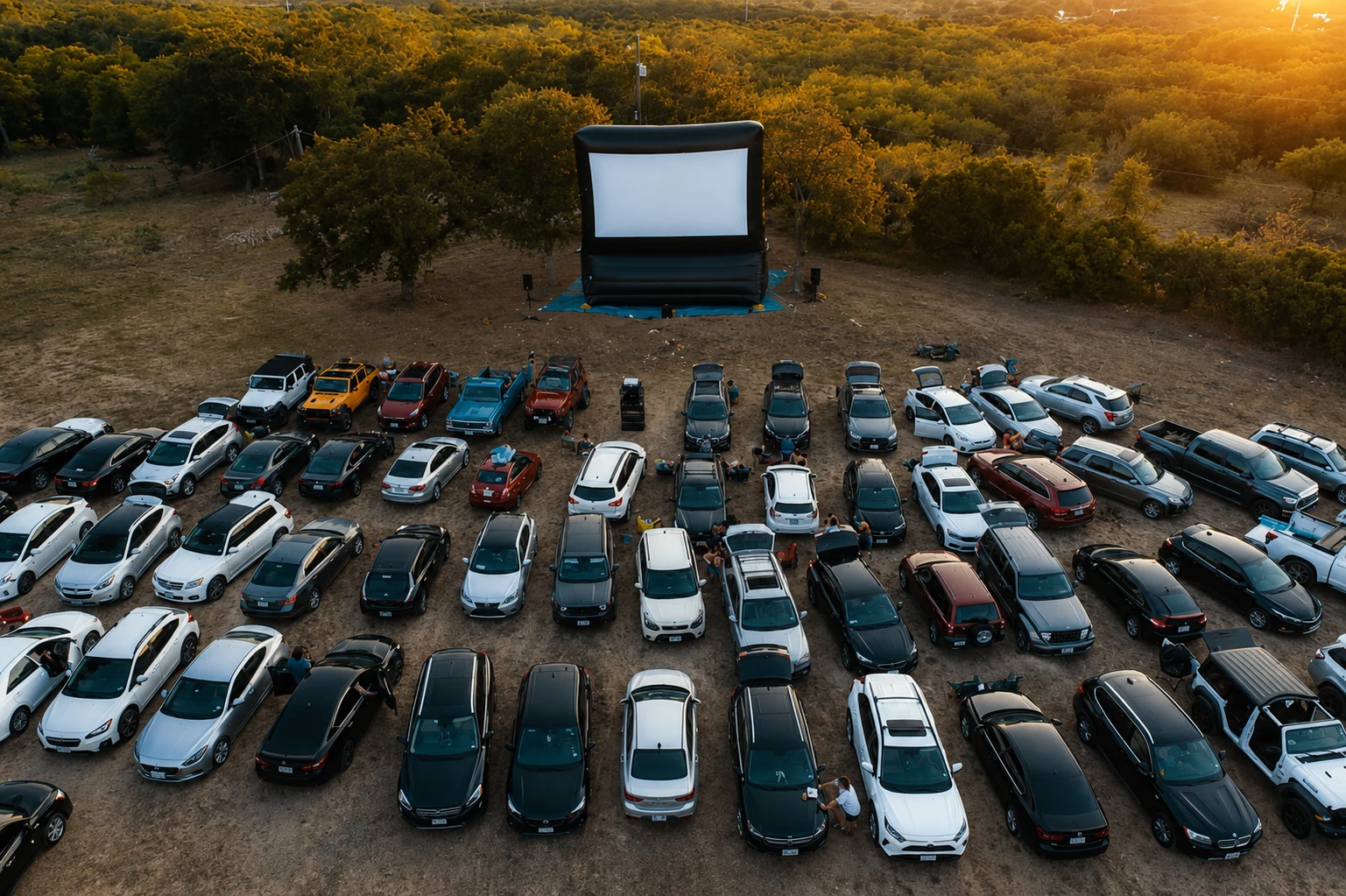 Aerial view of Freedom Fun USA Skyline giant outdoor movie screen rental at drive-in event with rows of cars at golden hour sunset