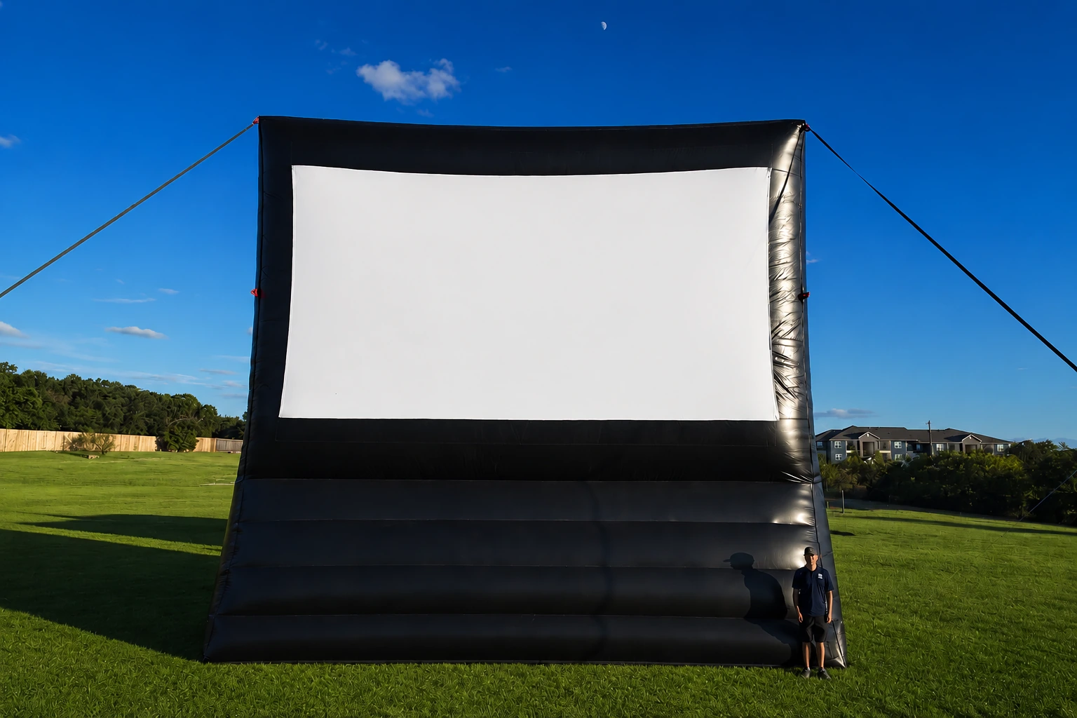 Freedom Fun USA 30ft Skyline giant inflatable movie screen with staff member showing true scale of largest outdoor movie screen rental against blue sky
