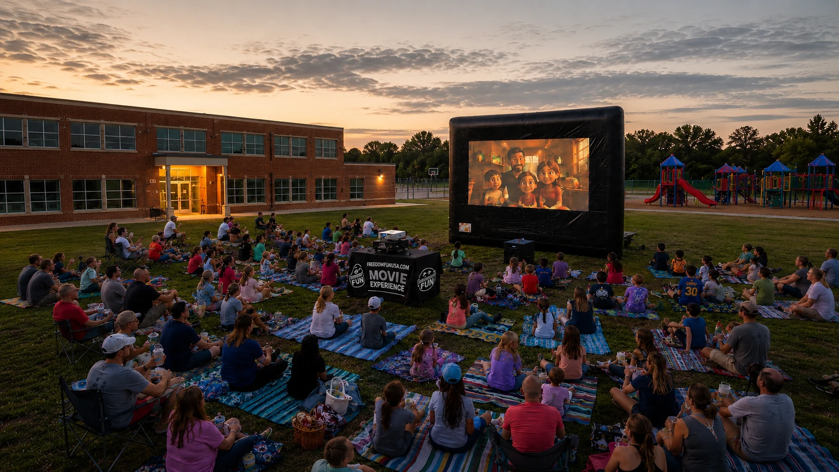 Freedom Fun USA 25ft Platinum outdoor movie screen rental Austin Texas with large HOA community crowd watching animated film at dusk by upscale clubhouse with Movie Experience branded table