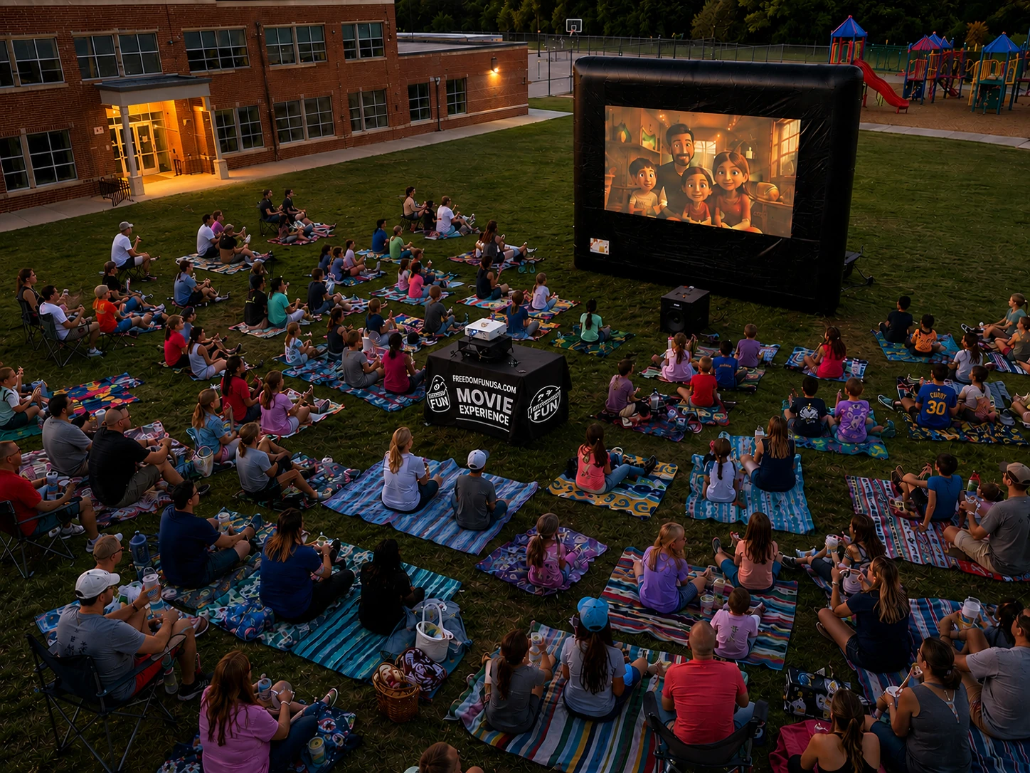 Families and kids on blankets watching an animated movie on a large inflatable outdoor movie screen at a school community event at dusk, with the Freedom Fun Movie Experience projector table and subwoofer set up in front of the crowd.