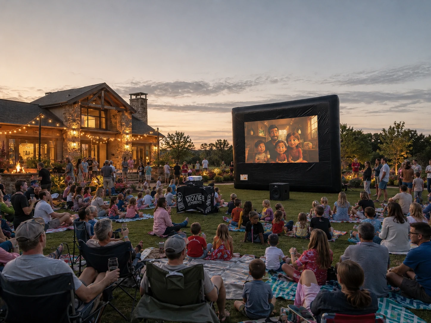 Freedom Fun USA 25ft Platinum outdoor movie screen rental Austin Texas with large crowd of families on blankets and lawn chairs watching animated film at dusk with Movie Experience branded table