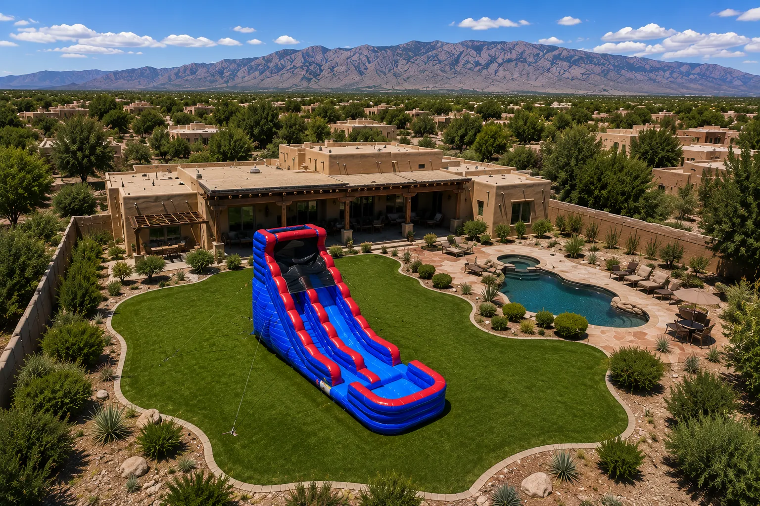 Aerial view of the Freedom Fun Liberty Wave 18' patriotic waterslide rental in Albuquerque NM