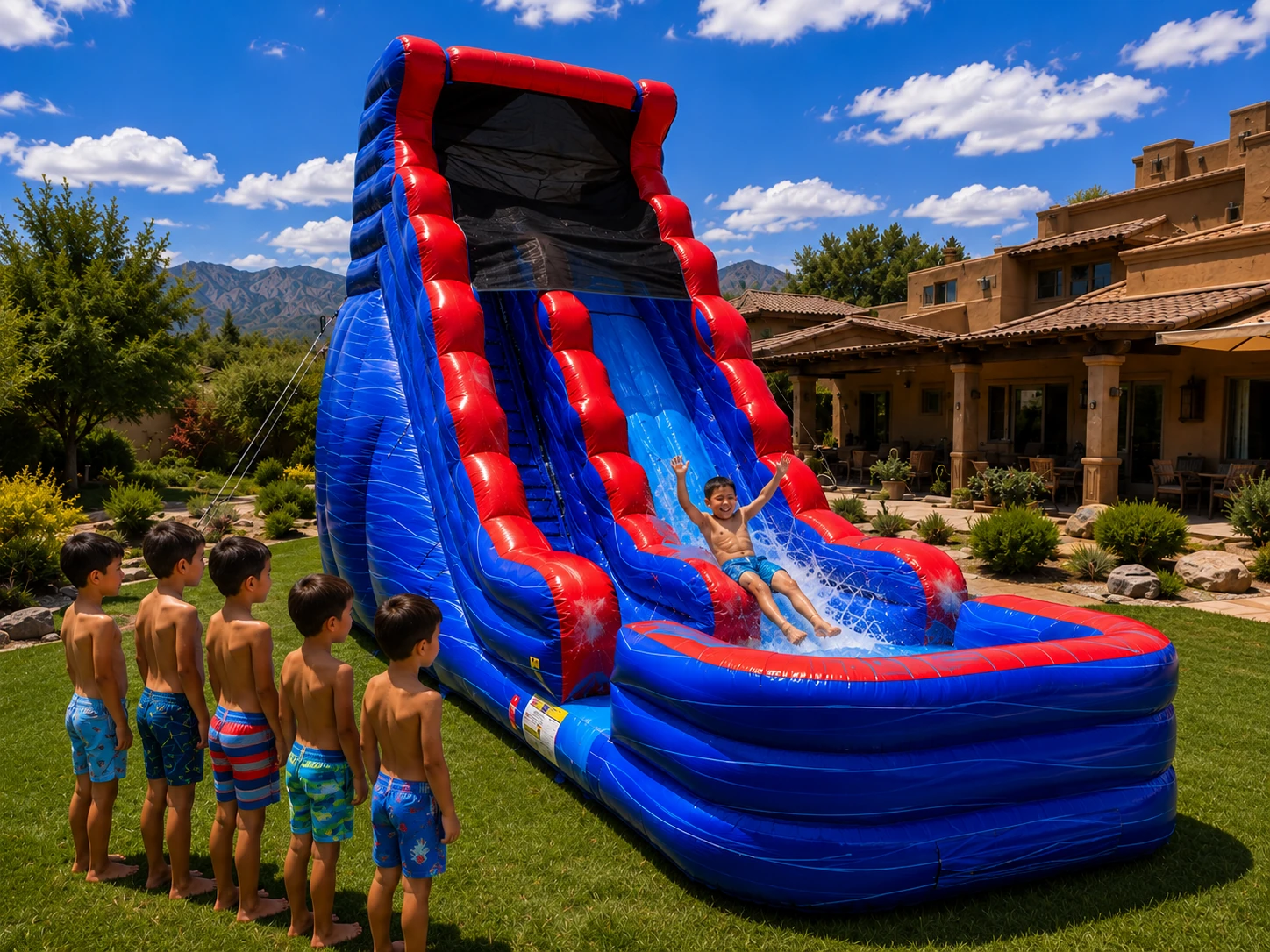 Kids sliding on the Freedom Fun Liberty Wave 18' waterslide rental in Albuquerque NM