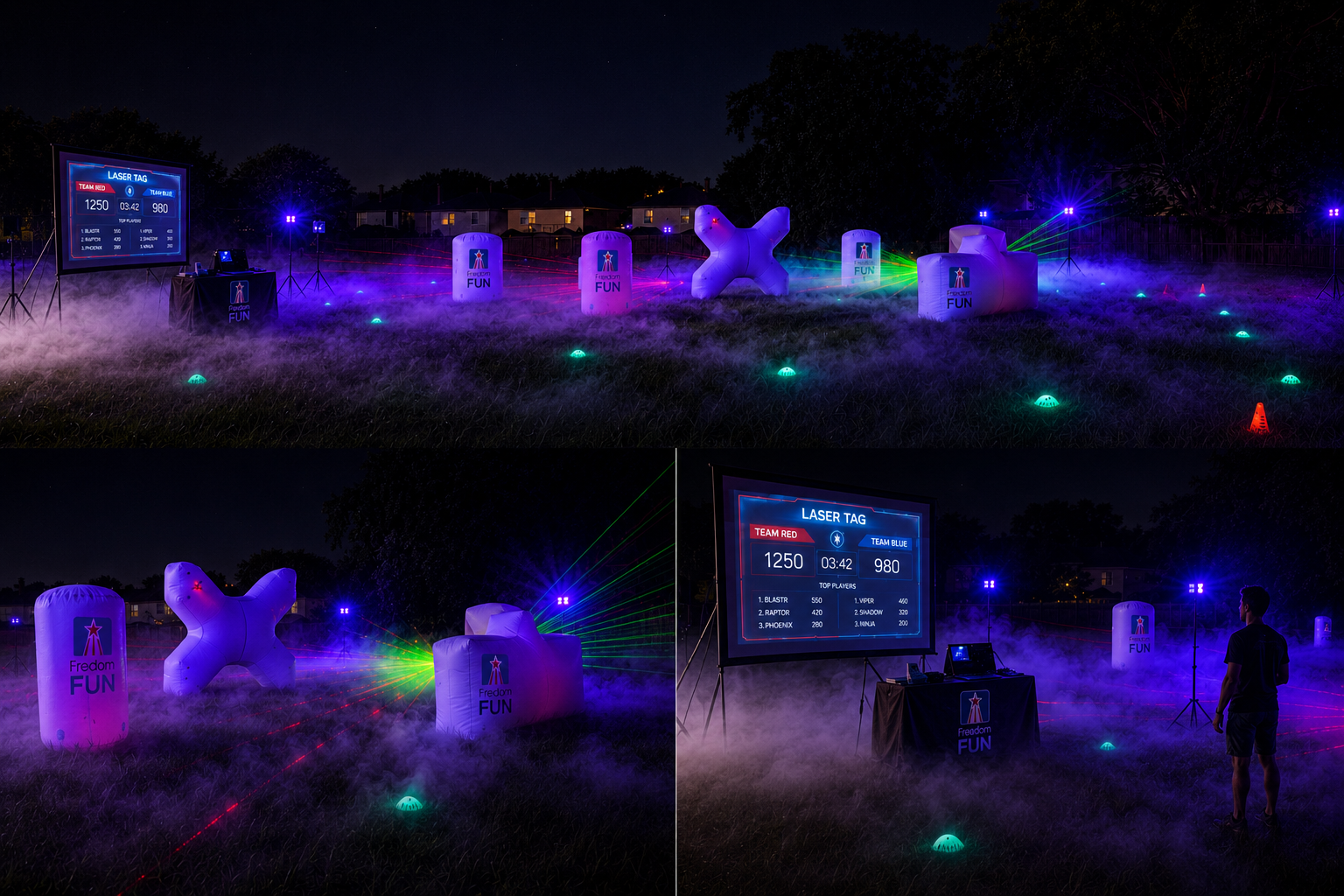 Glow in the dark laser tag arena at night in Houston with LED barricades and UV lighting
