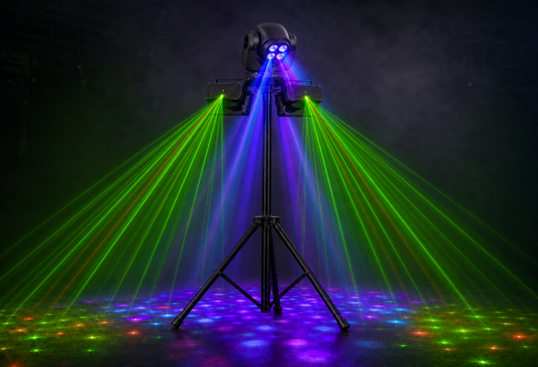 Professional green, blue, and multicolor light show system on a tripod.