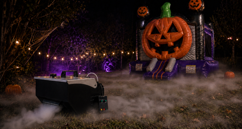 Low-lying fog machine creating ground-level fog around an inflatable at night.