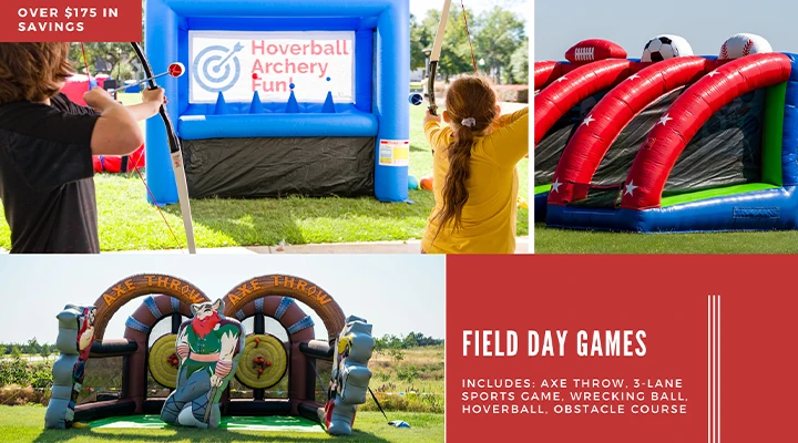 Field day games bundle rental setup at a school event.