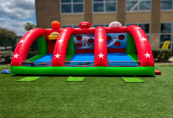Three-lane inflatable sports throw with basketball, football, and baseball games.
