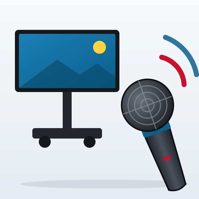 Wireless handheld microphones with signal waves next to a mobile LED screen