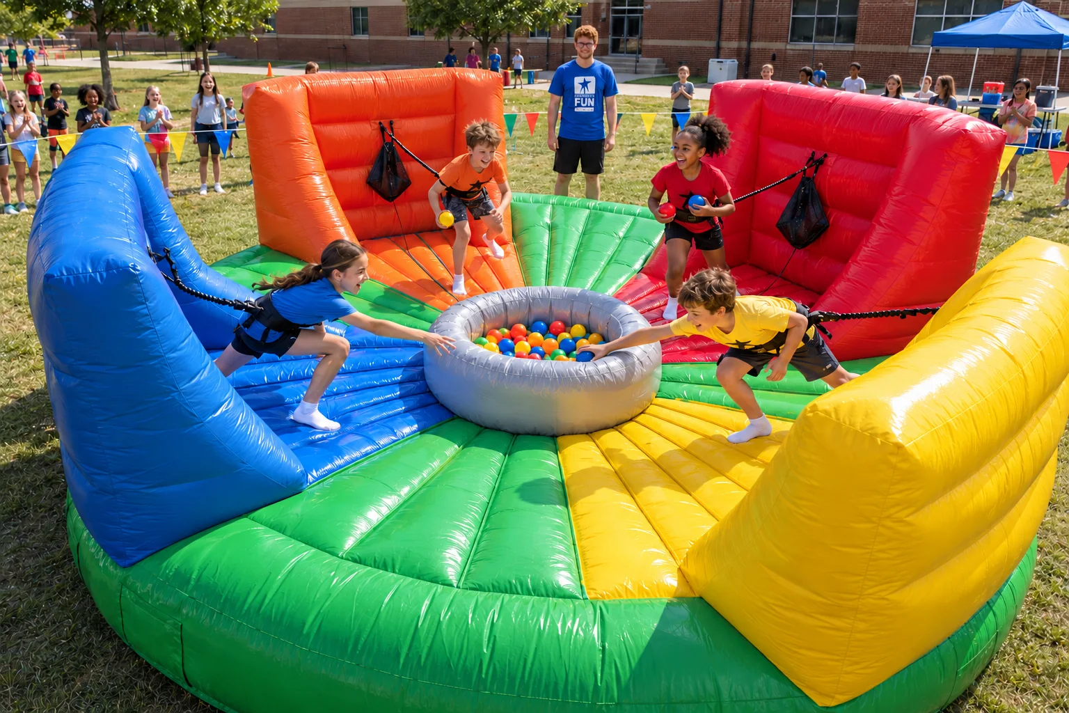 Four children collecting balls in the Hungry Hippo inflatable during a school field day.