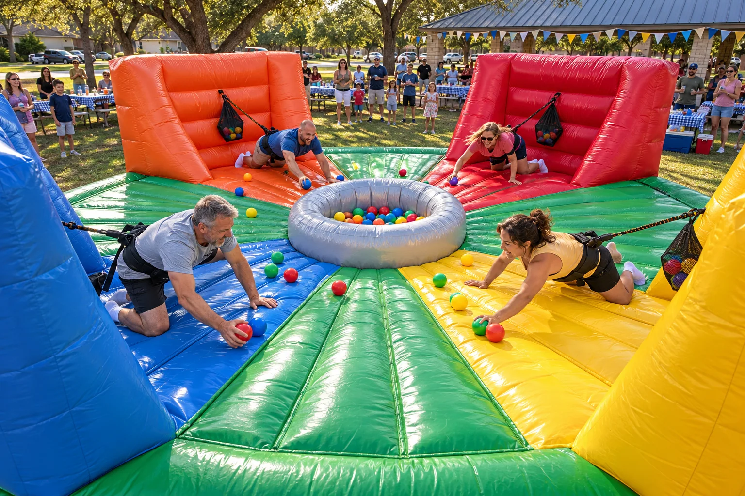 Four adults racing to collect balls in the Hungry Hippo inflatable at a neighborhood picnic.