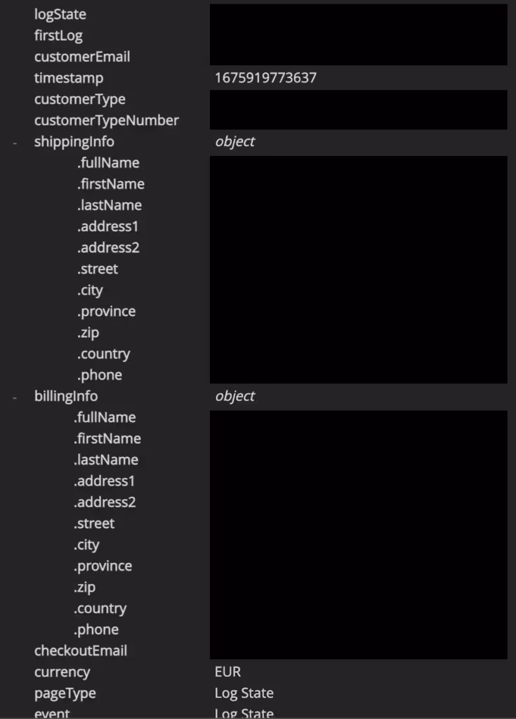 Shopify datalayer data van klantgegevens, geanalyseerd met de Dataslayer extensie
