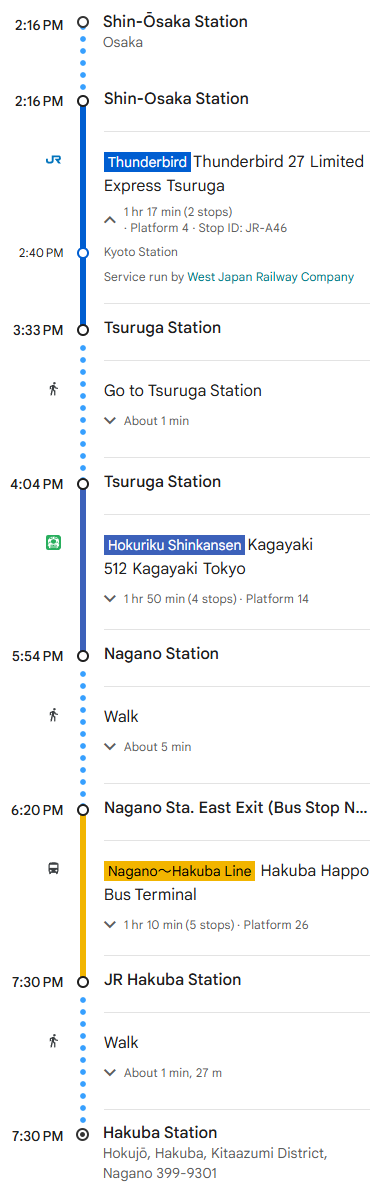 Osaka - Hakuba sample train route