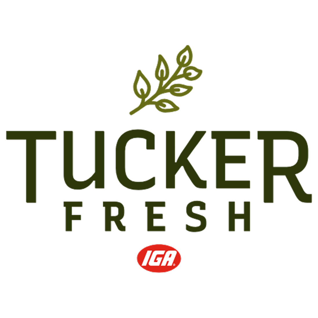 Tucker Fresh logo with green text and leaf graphic above, and a red IGA oval logo below.