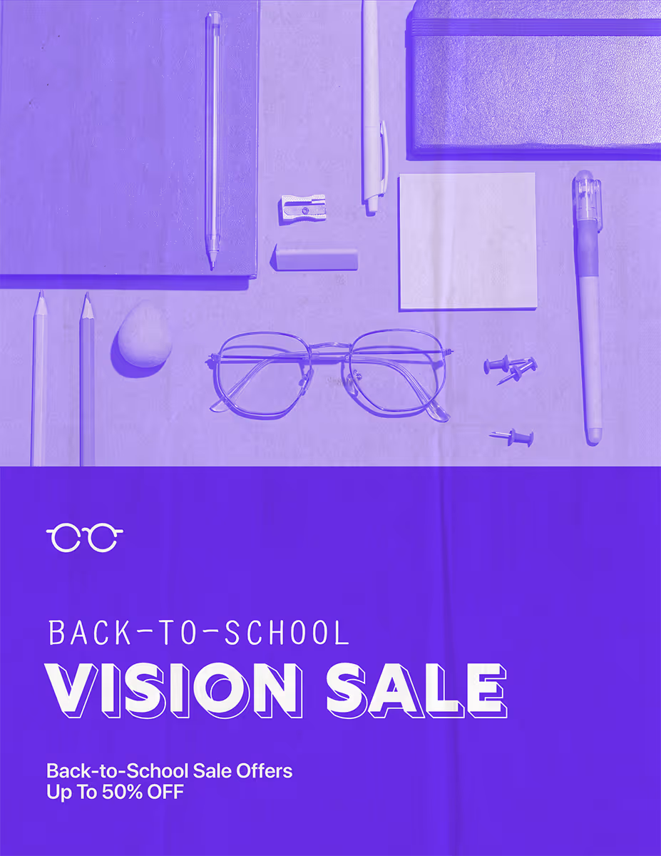 Flyer with Back to School Vision Sale with text displaying offers up to 50% off