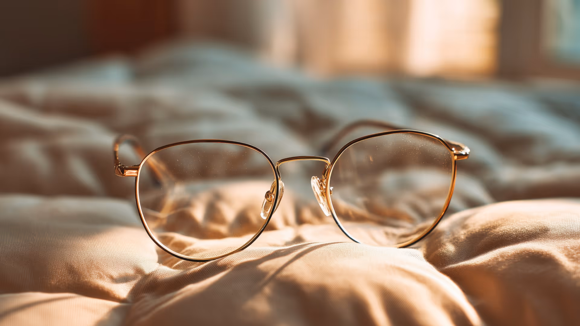 Eyeglasses on a bedsheet