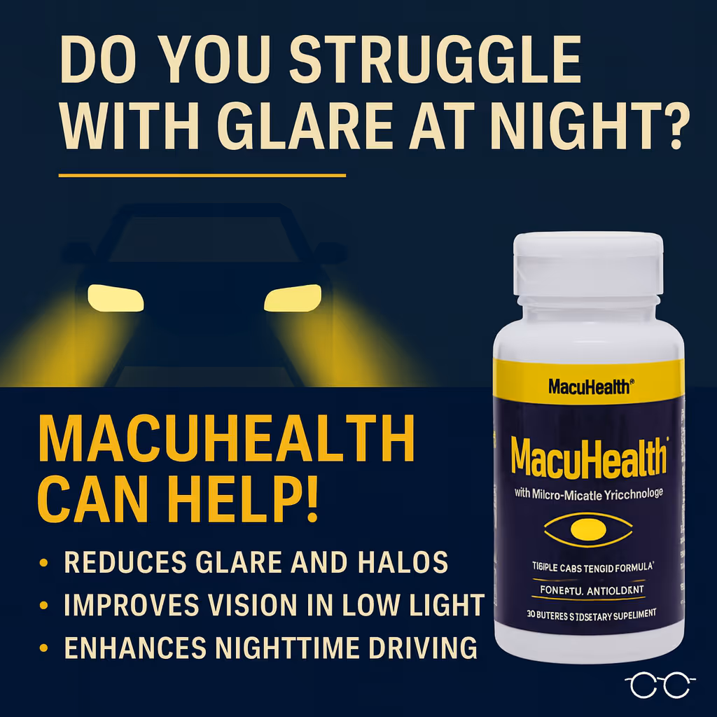 Graphic of MacuHealth with headline: Do you struggle with glare at night?