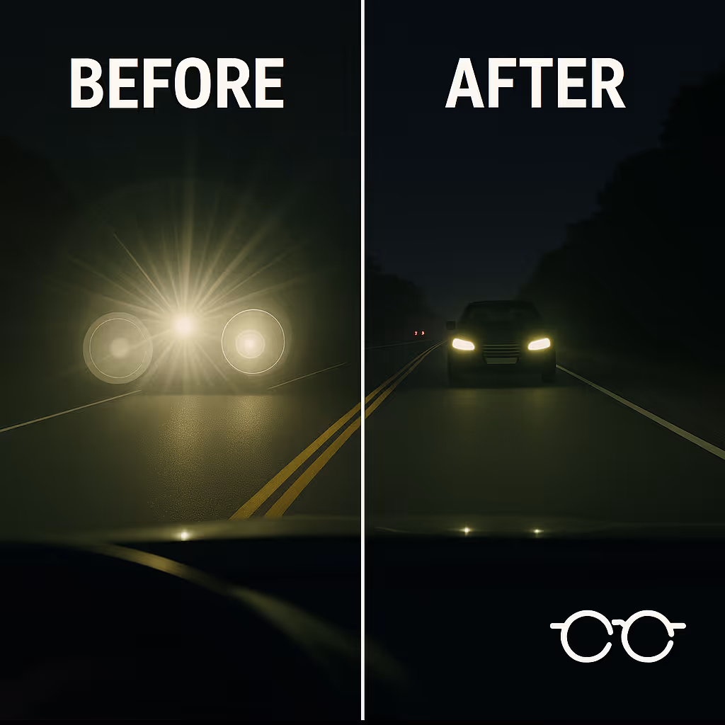 Graphic of a car's headlights before and after using MacuHealth from a driver's perspective