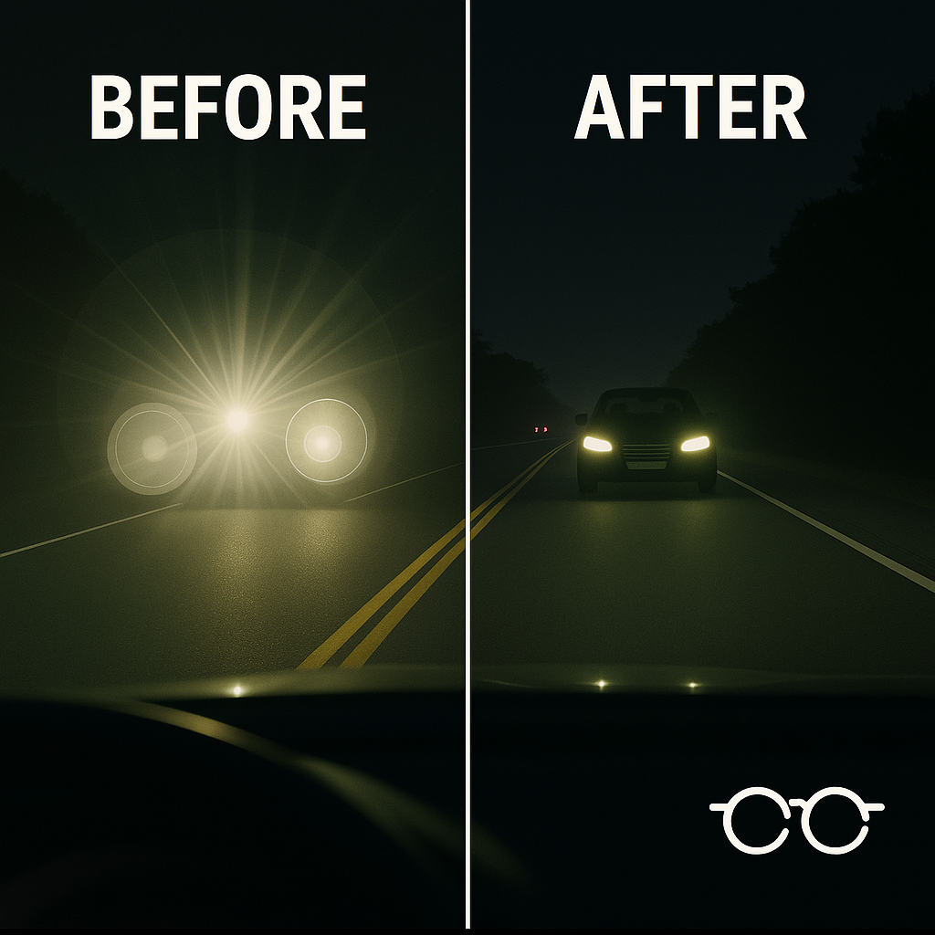 Graphic of a car's headlights before and after using MacuHealth from a driver's perspective