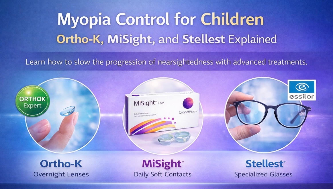 Infographic with title Myopia Control for Children: Ortho-K, MiSight, and Stellest Explained. 