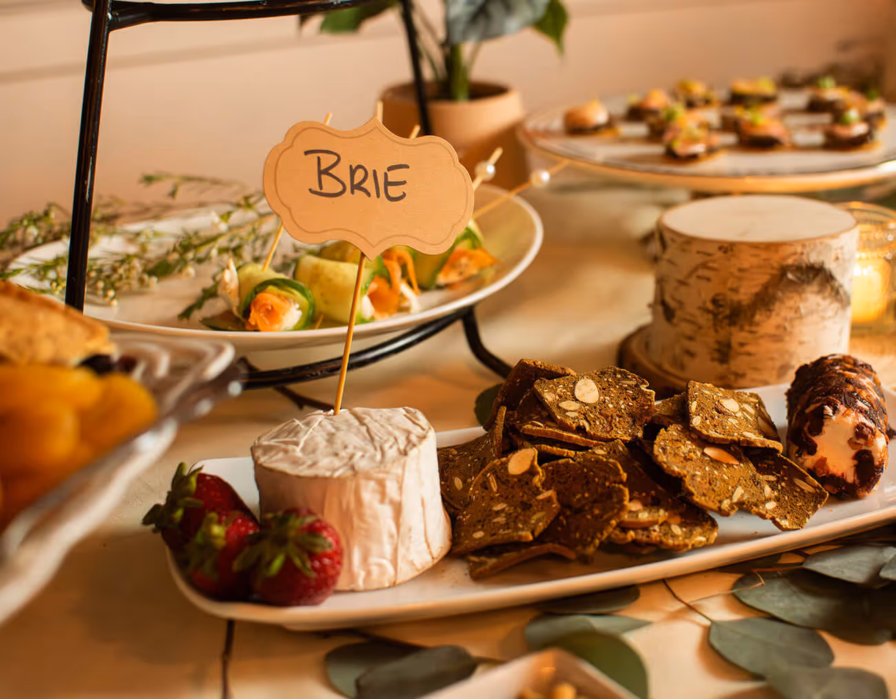 brie cheese, strawberries and various appetizers on a white plate - function space concept