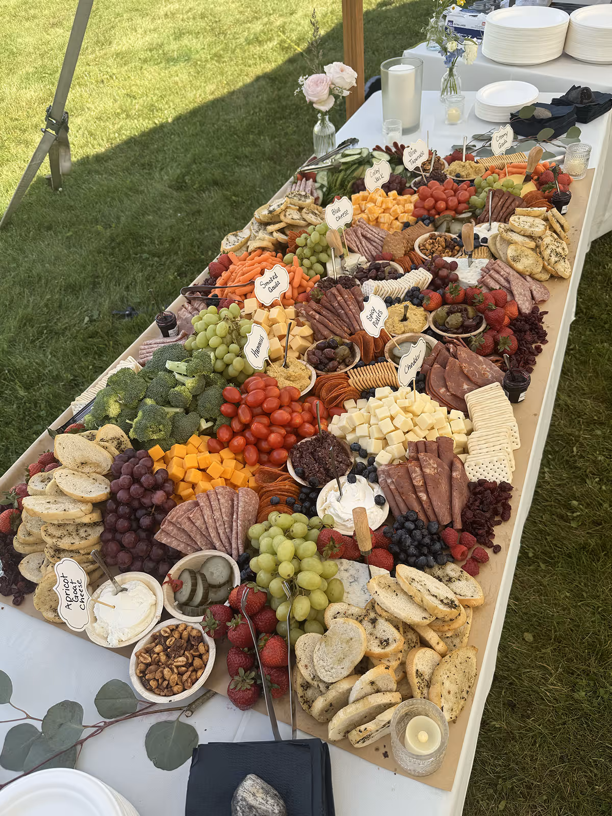 Outdoor grazing table with various cheeses, cured meats, crackers, grapes, strawberries, blueberries, broccoli, carrots, pickles, nuts, and labeled dips including hummus, spicy pickles, olive tapenade, apricot goat cheese, and creamy Gouda.