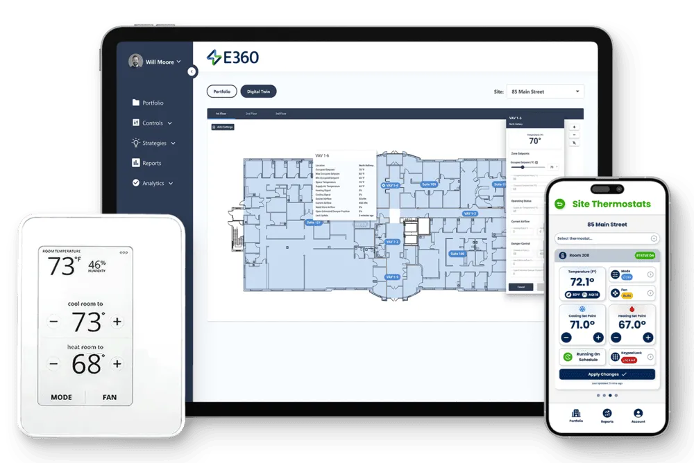 E360 Thermostat Controls And Digital Twin Dashboard On Computer With IoT Energy Submeter