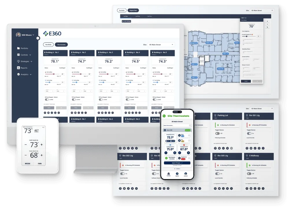 E360 Thermostat Controls And Digital Twin Dashboard On Computer With IoT Energy Submeter