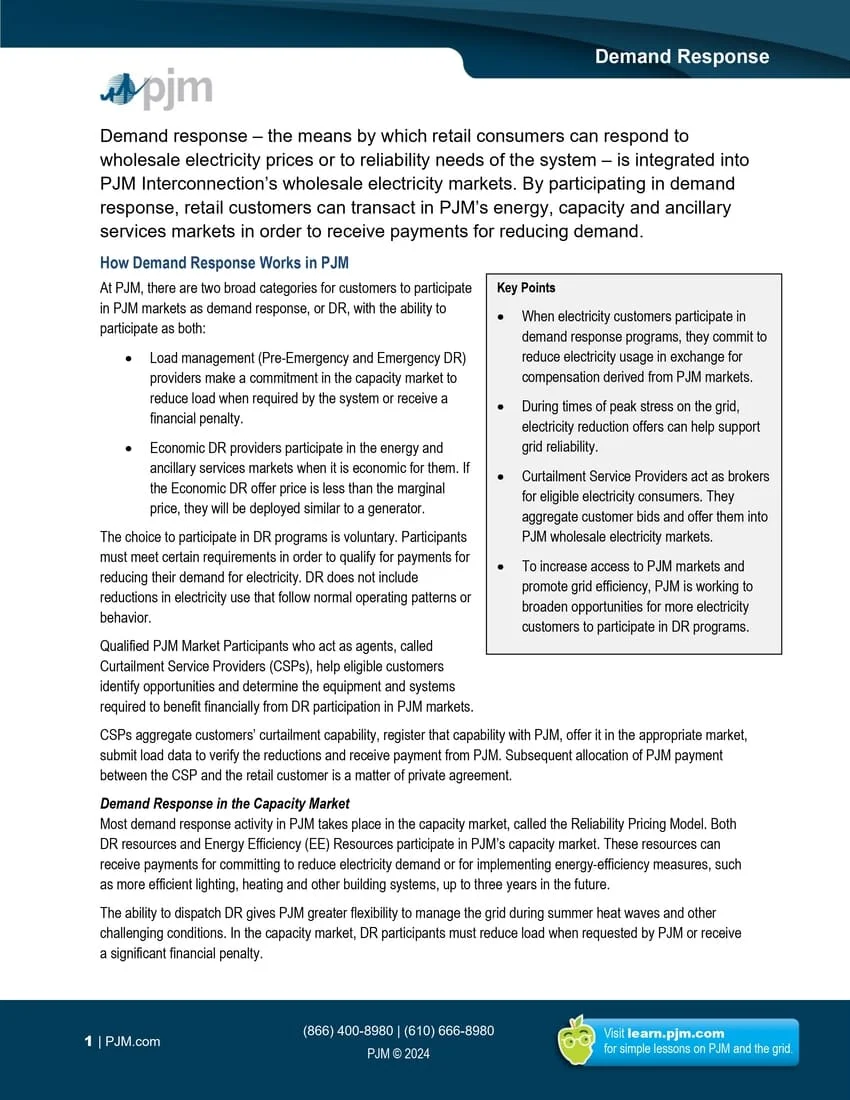 PJM Guide to Earning Incentives Through Demand Response Programs