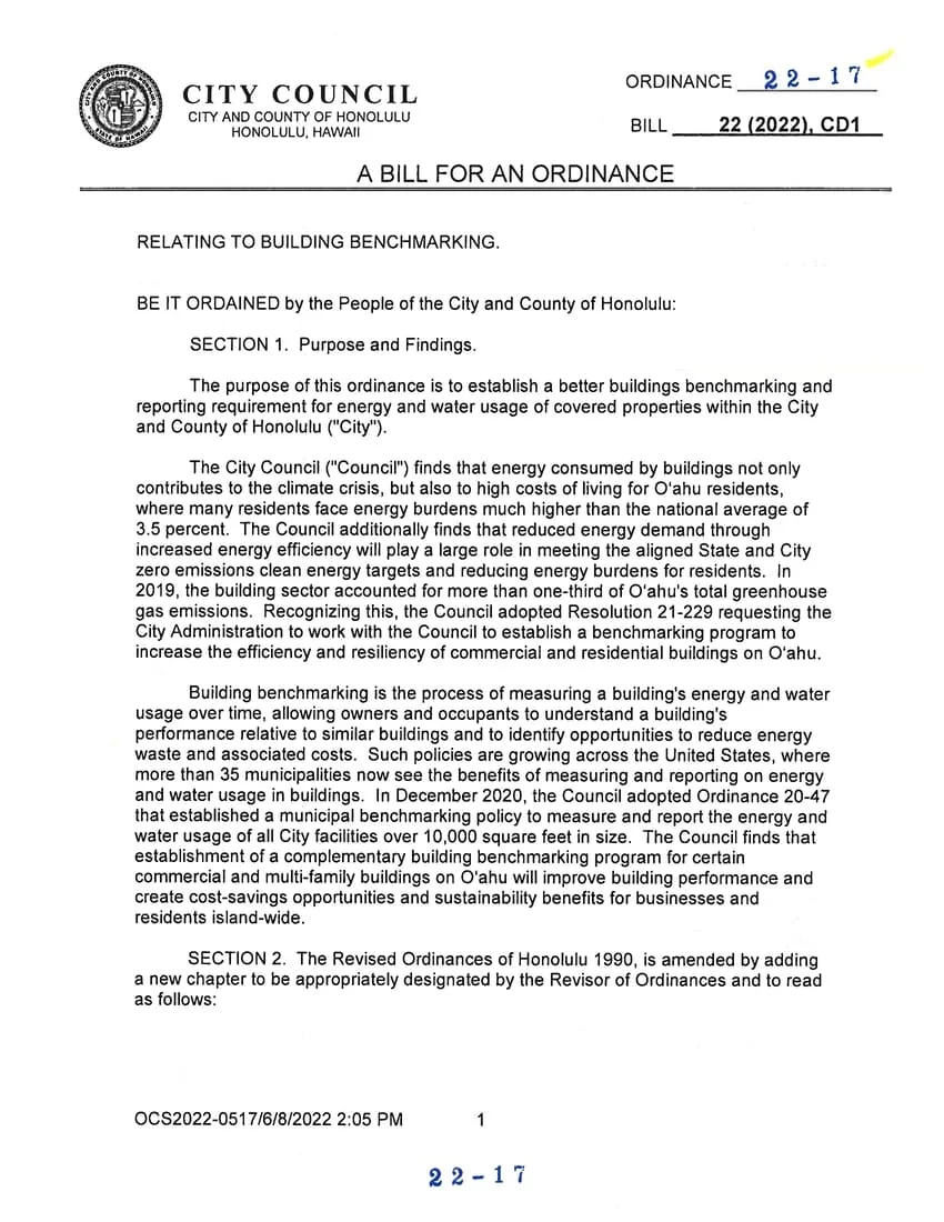 Honolulu Better Buildings Benchmarking Ordinance 22-17 official energy and water reporting law text