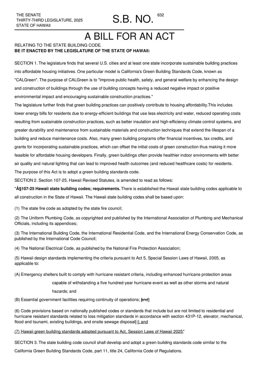 Projet de loi 632 du Sénat d'Hawaï sur les normes de construction écologiques et législation du code du bâtiment à l'échelle de l'État