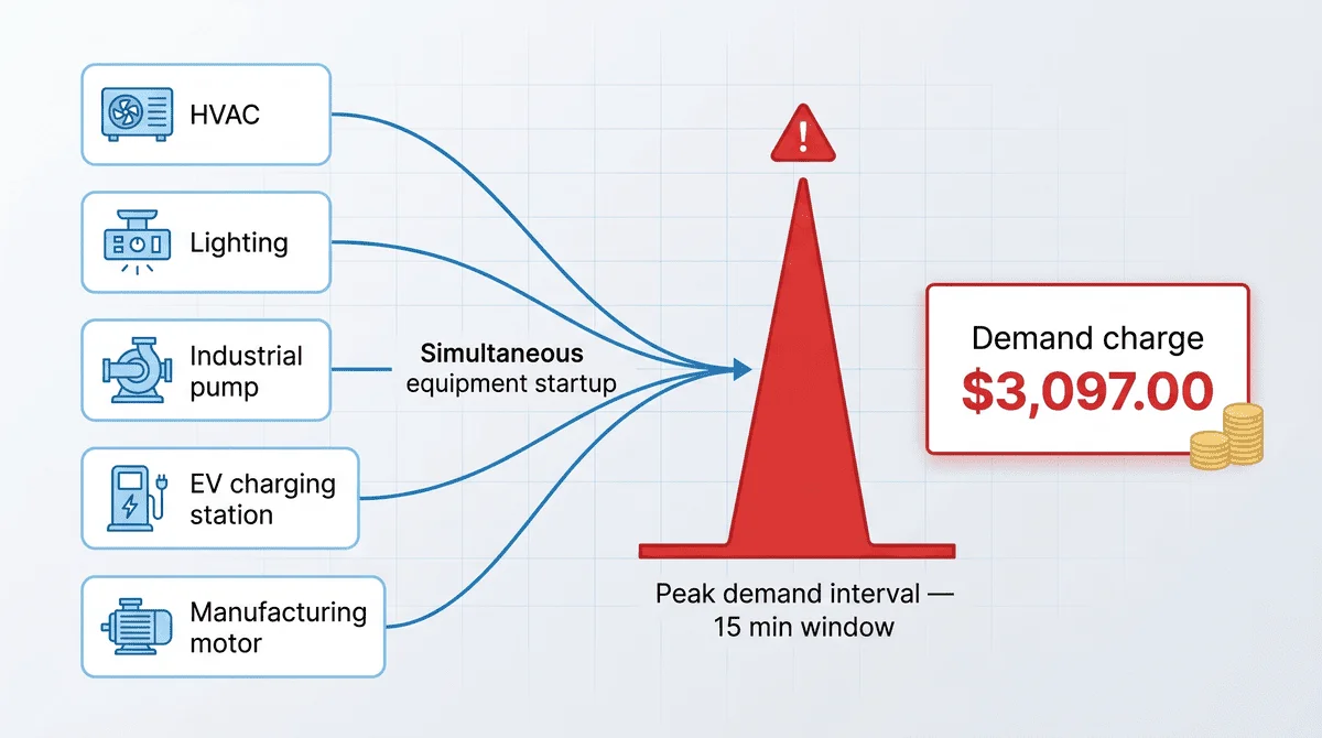 Simultaneous equipment startup causing a 15-minute peak electricity demand interval and higher commercial utility charges.