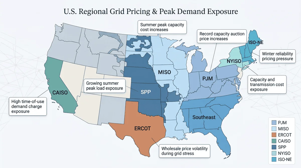 Map of U.S. electricity markets including PJM, ERCOT, MISO, CAISO, NYISO, and ISO-NE showing regional peak demand pricing exposure.