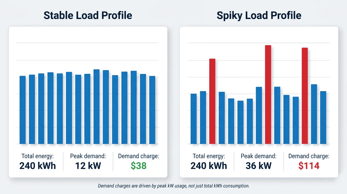 Comparison of stable versus spiky commercial electricity load profiles showing how peak demand increases utility demand charges despite similar energy usage.