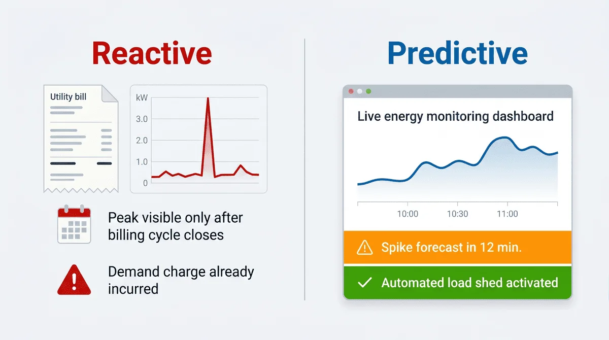 Reactive versus predictive energy management comparison showing how real-time forecasting helps commercial buildings avoid costly peak demand charges.