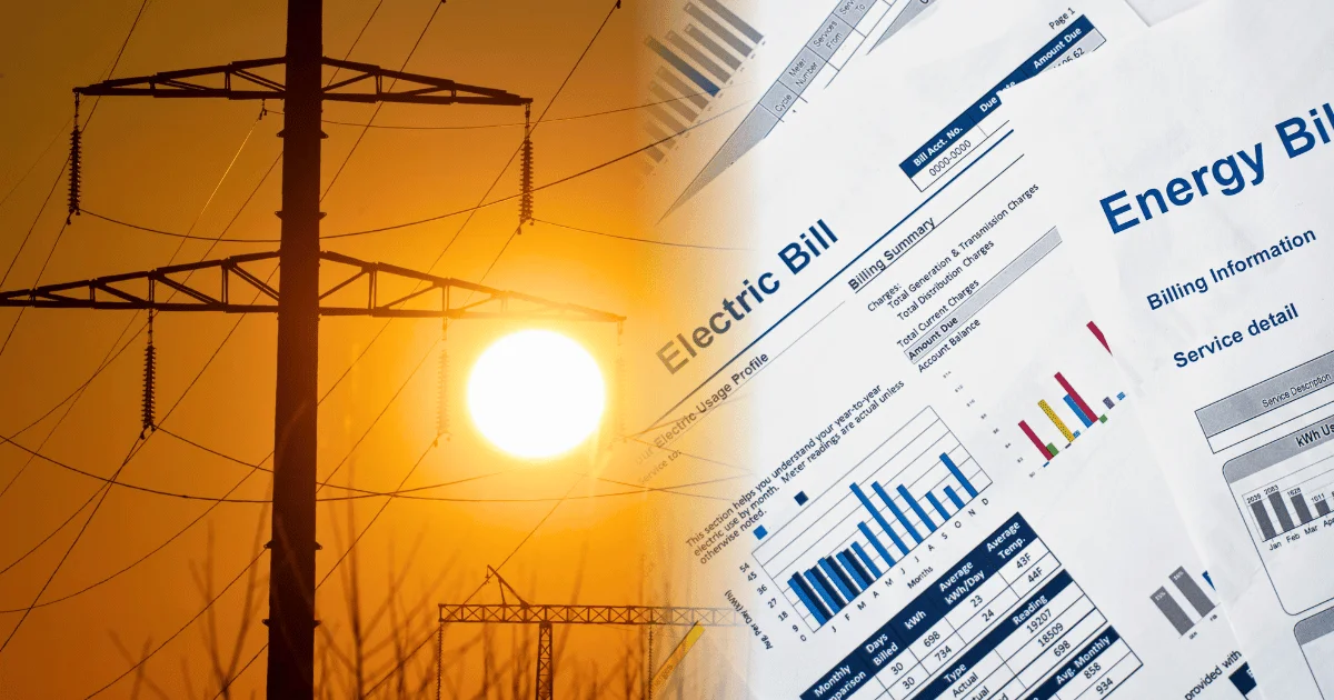 Líneas de transmisión de alta tensión bajo un sol abrasador junto a un gráfico financiero en ascenso, que ilustra el aumento estructural de los costes energéticos comerciales en el verano de 2026.
