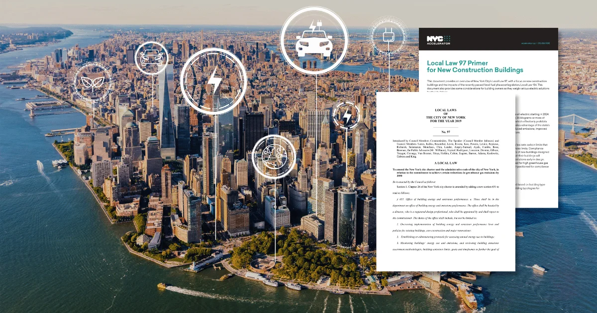 New York City skyline overlaid with a downward financial graph illustrating the mounting cost of Local Law 97 penalties for non-compliant building owners in 2030.