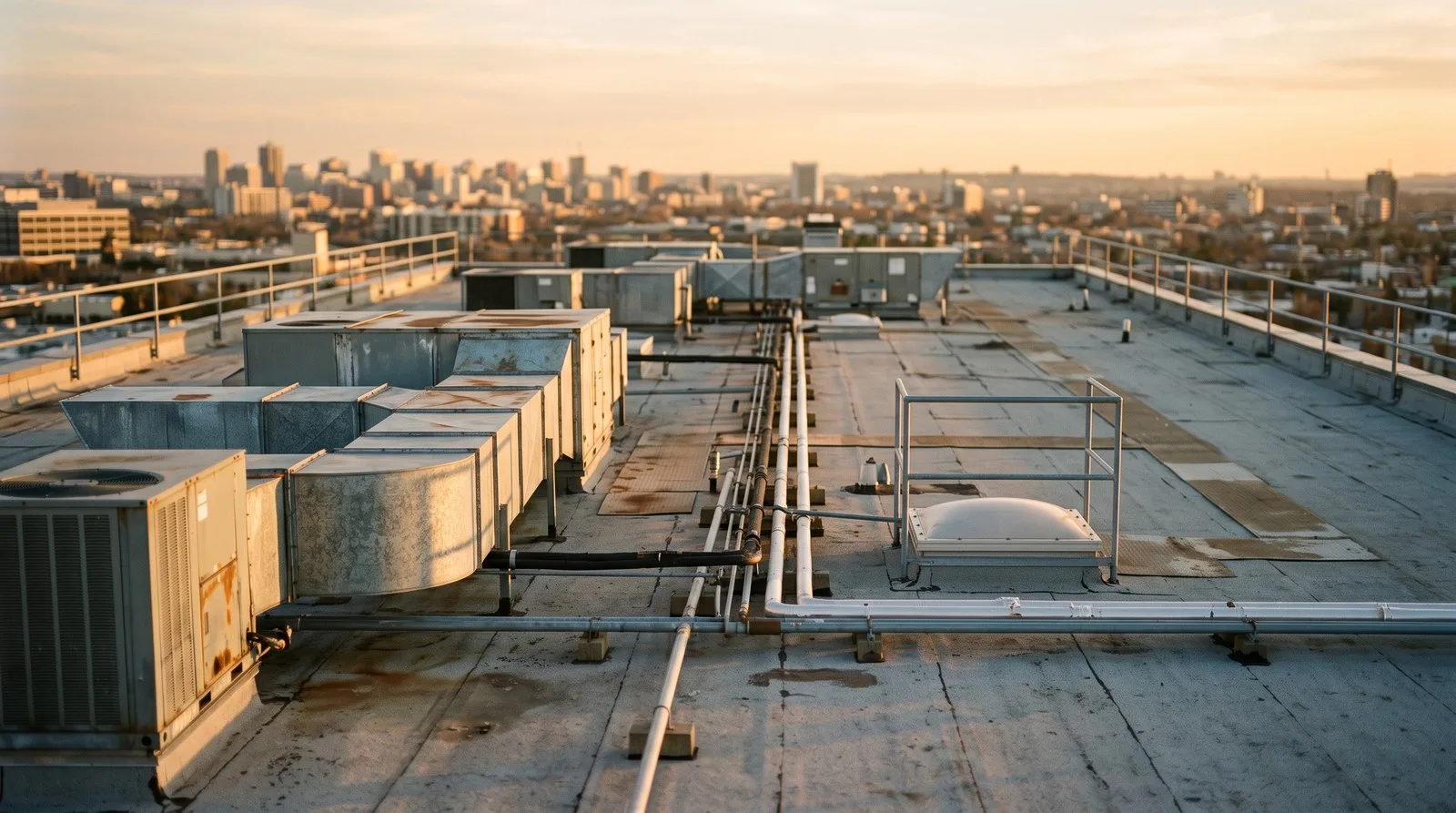 Rooftop HVAC units on a commercial building at golden hour, equipment in remote spots that conventional controls often leave dark